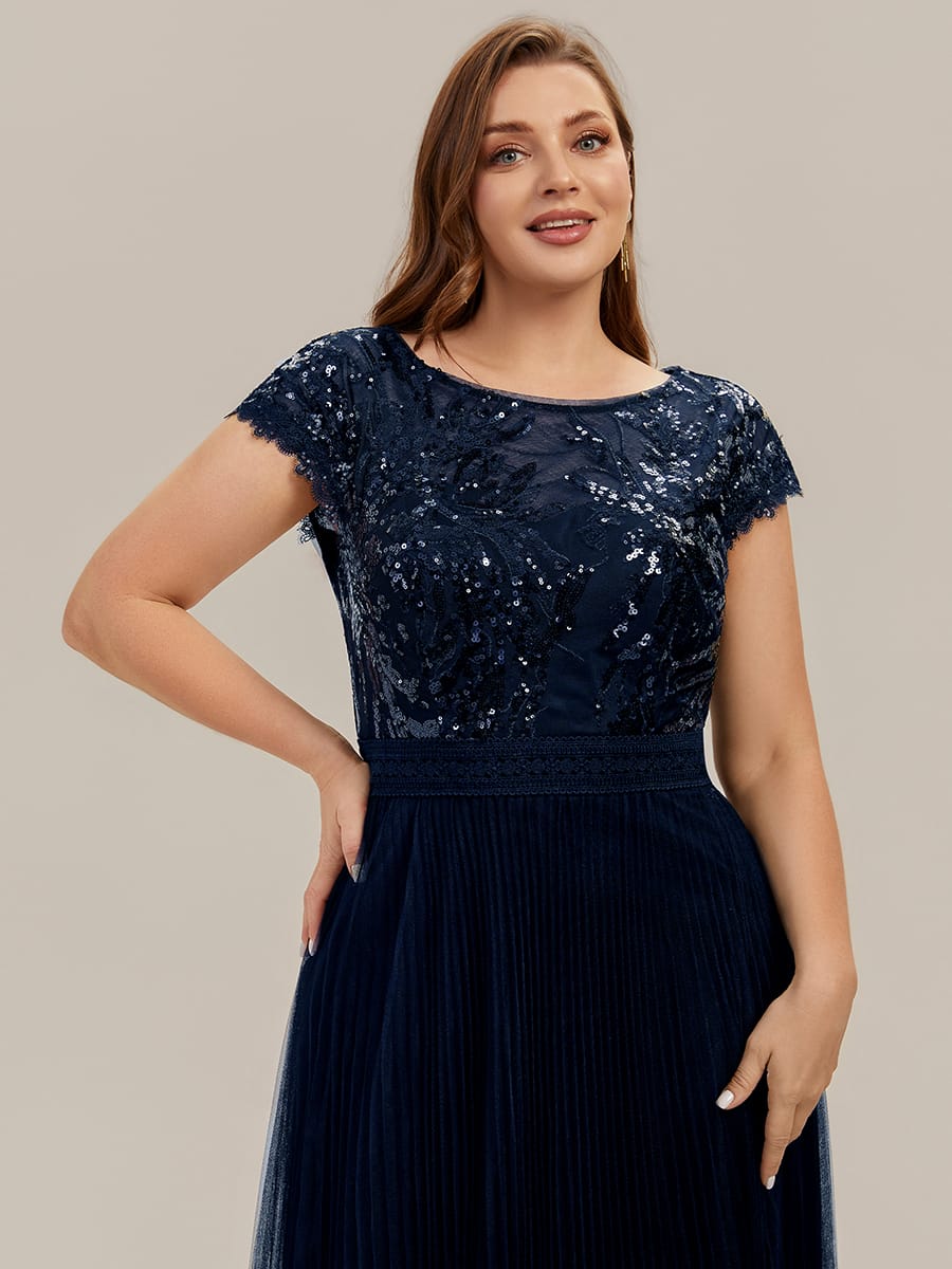 See-through Sequin Cap Sleeve Dress #color_Navy Blue