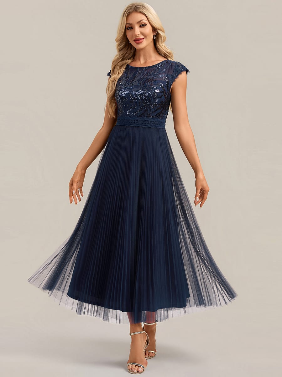 See-through Sequin Cap Sleeve Dress #color_Navy Blue