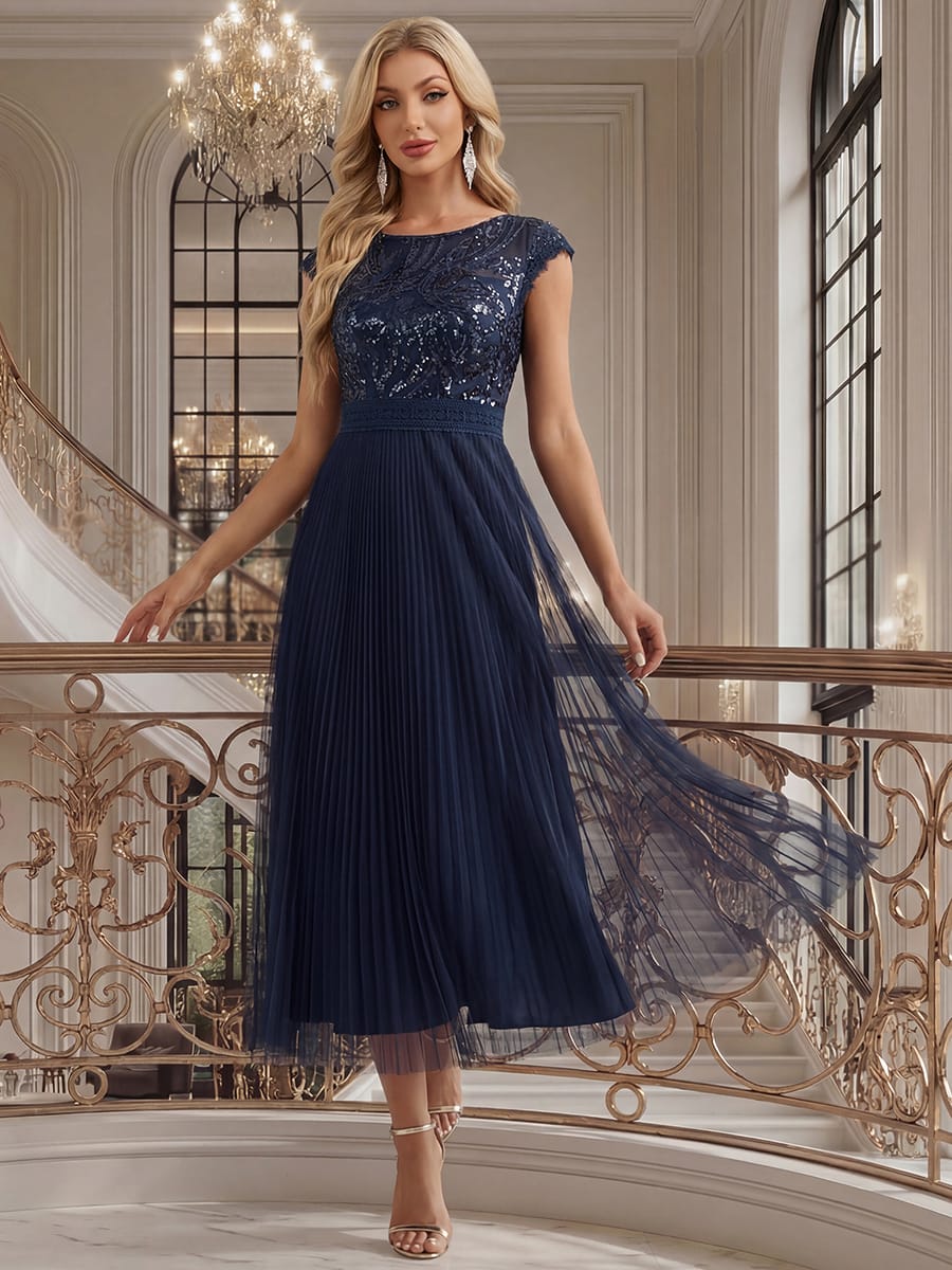 See-through Sequin Cap Sleeve Dress #color_Navy Blue