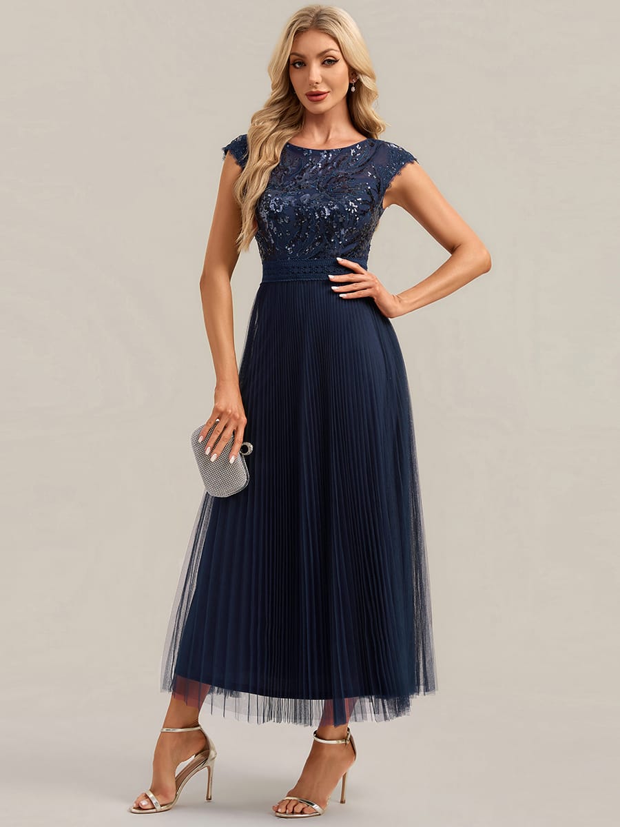 See-through Sequin Cap Sleeve Dress #color_Navy Blue