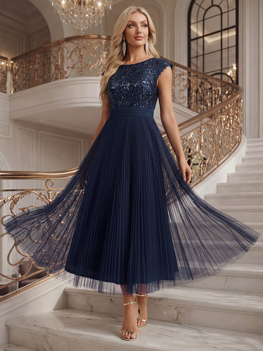 See-through Sequin Cap Sleeve Dress #color_Navy Blue