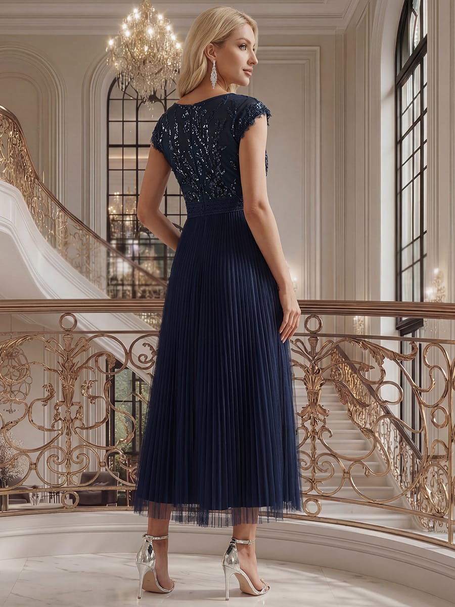 See-through Sequin Cap Sleeve Dress #color_Navy Blue