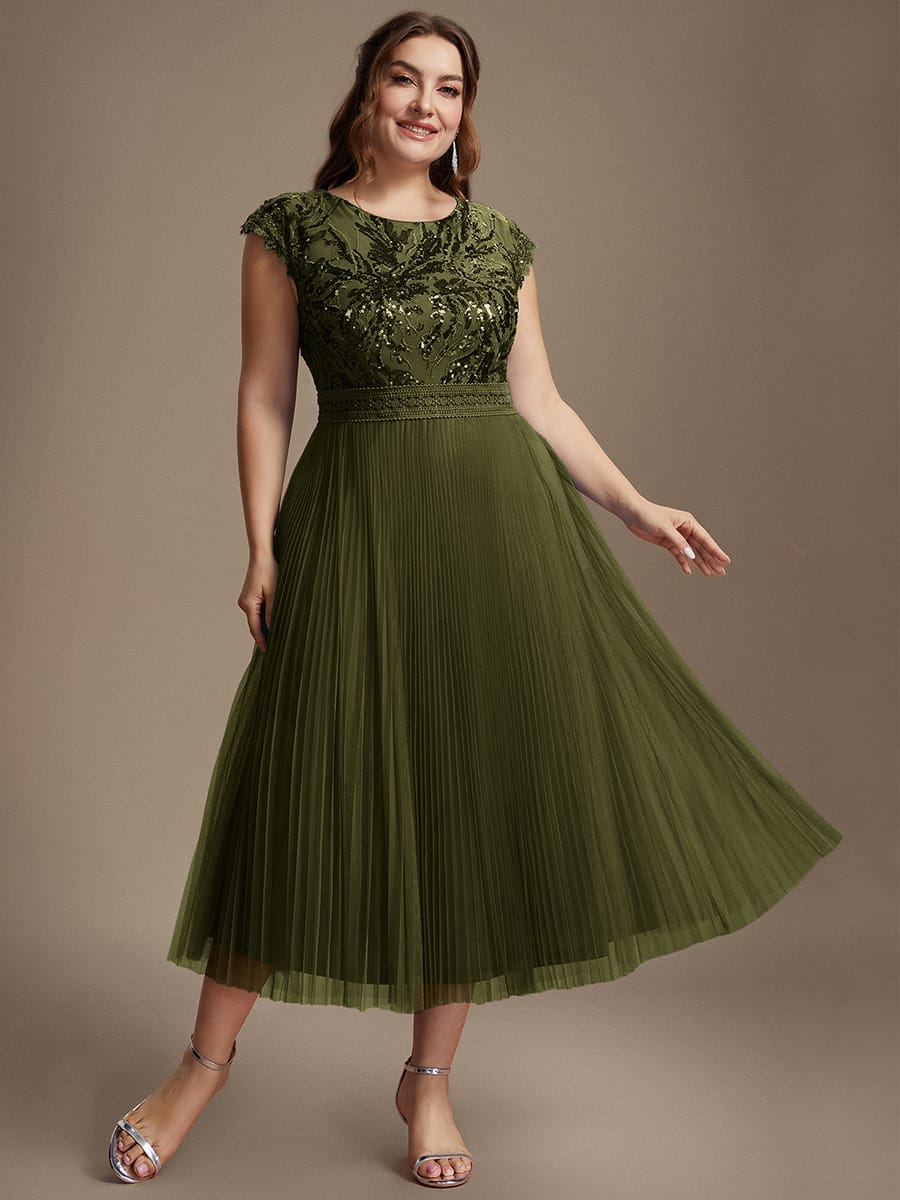 See-through Sequin Cap Sleeve Dress #color_Olive Green