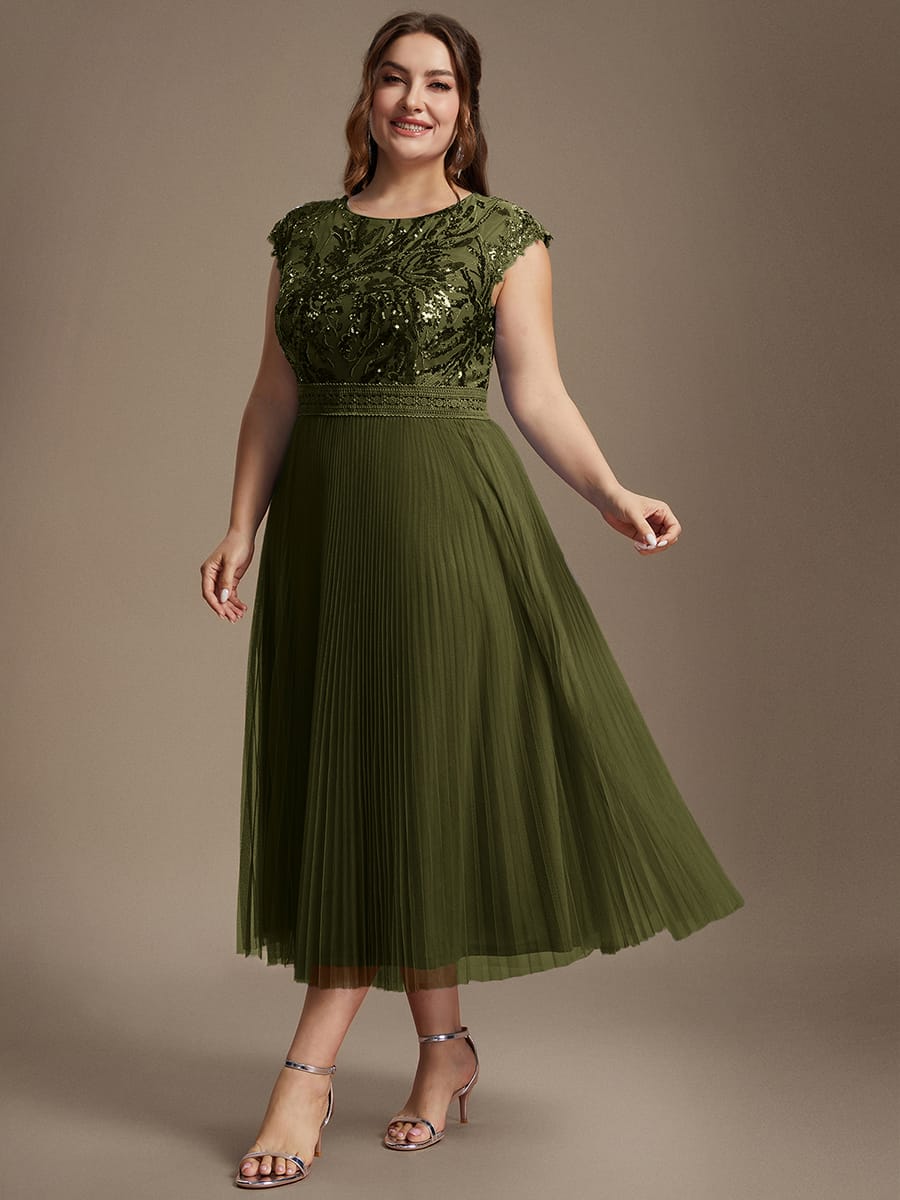 See-through Sequin Cap Sleeve Dress #color_Olive Green