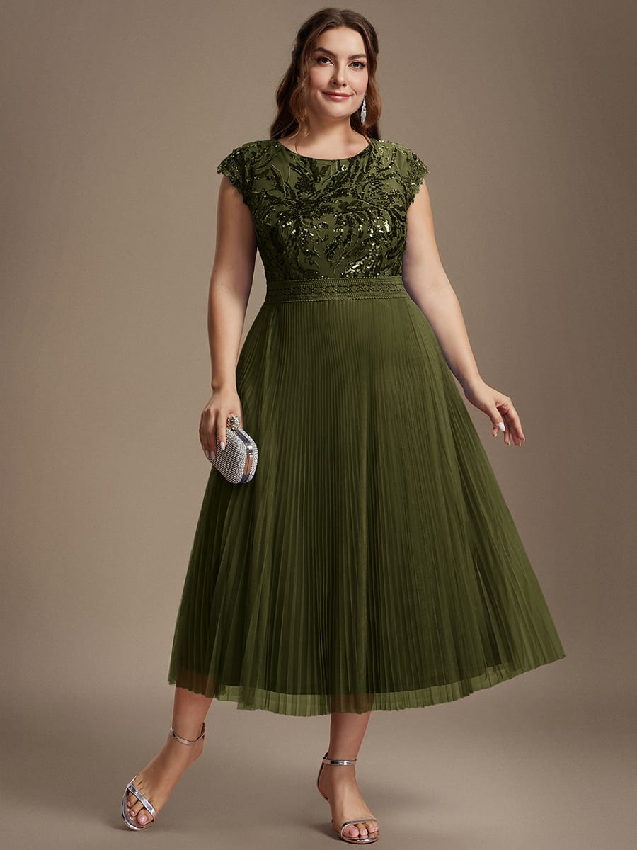 See-through Sequin Cap Sleeve Dress #color_Olive Green