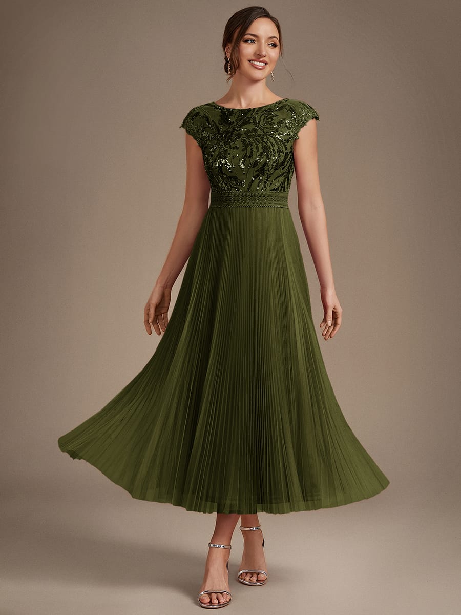 See-through Sequin Cap Sleeve Dress #color_Olive Green