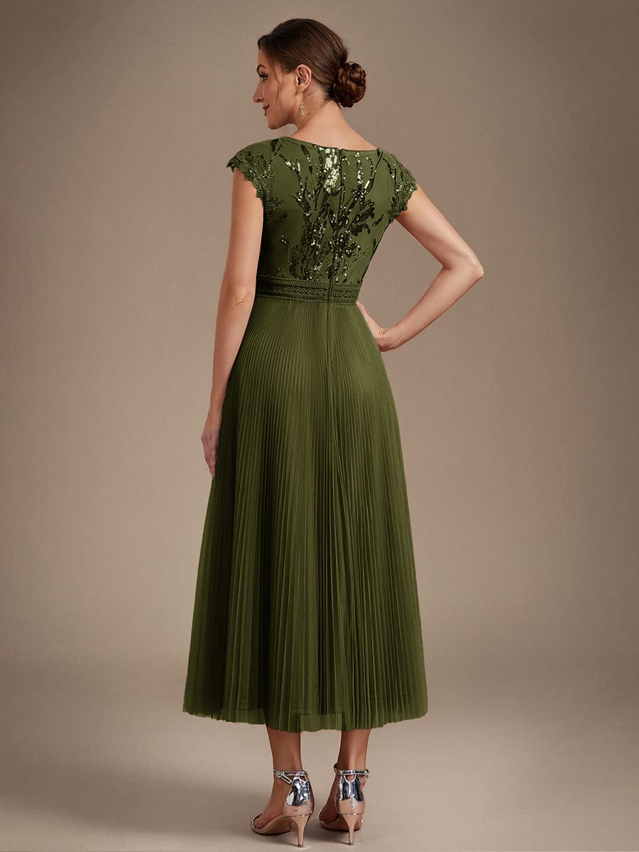 See-through Sequin Cap Sleeve Dress #color_Olive Green