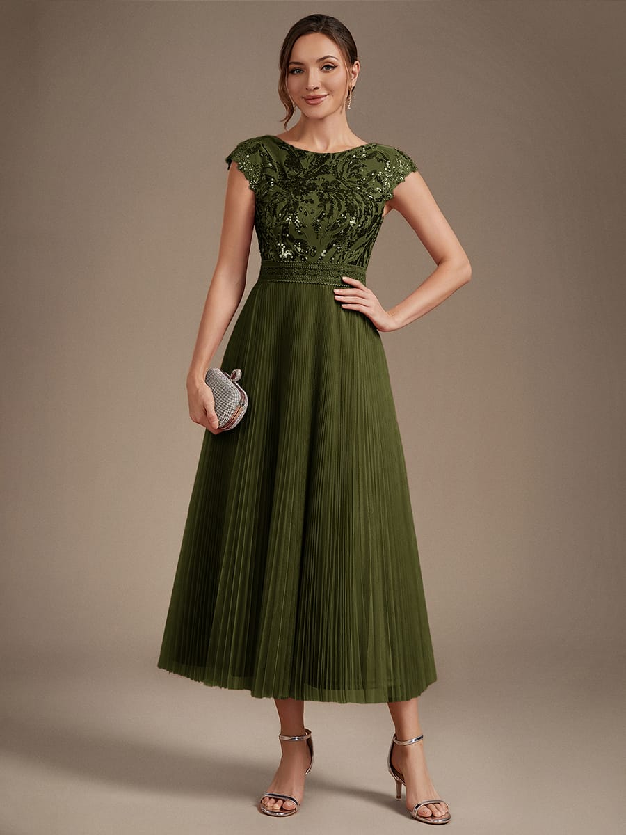 See-through Sequin Cap Sleeve Dress #color_Olive Green