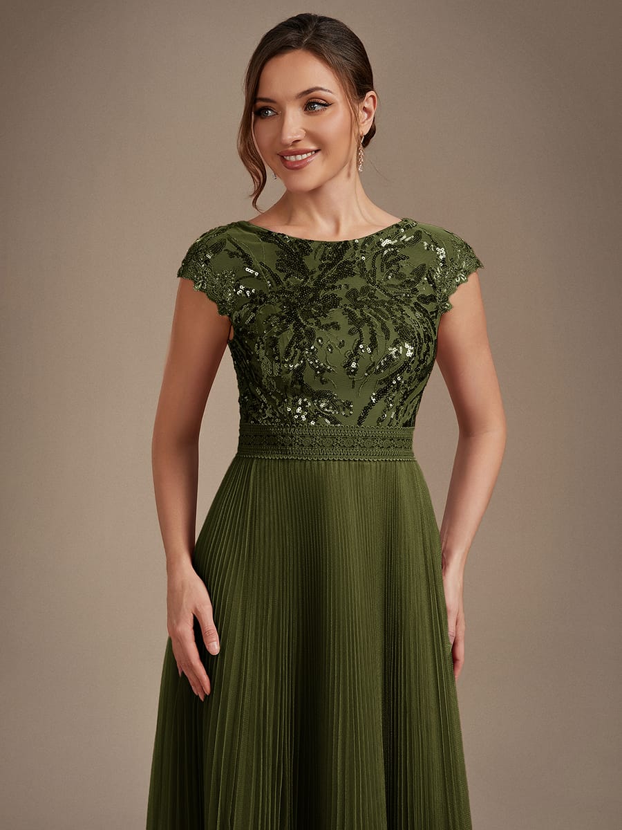 See-through Sequin Cap Sleeve Dress #color_Olive Green