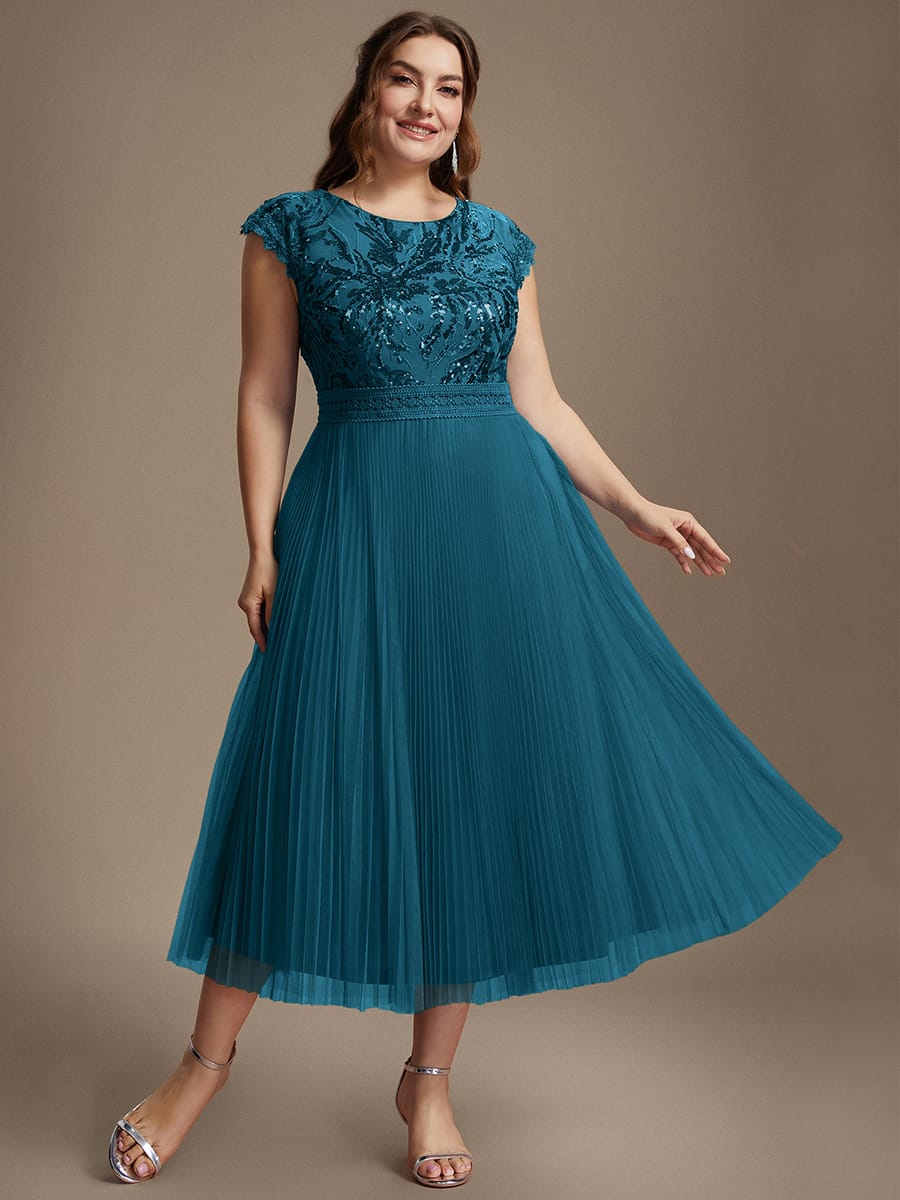 See-through Sequin Cap Sleeve Dress #color_Teal Blue