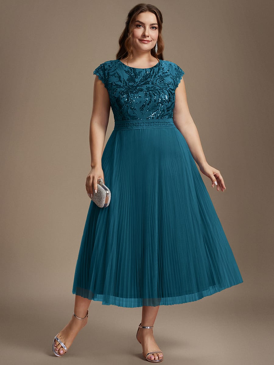 See-through Sequin Cap Sleeve Dress #color_Teal Blue