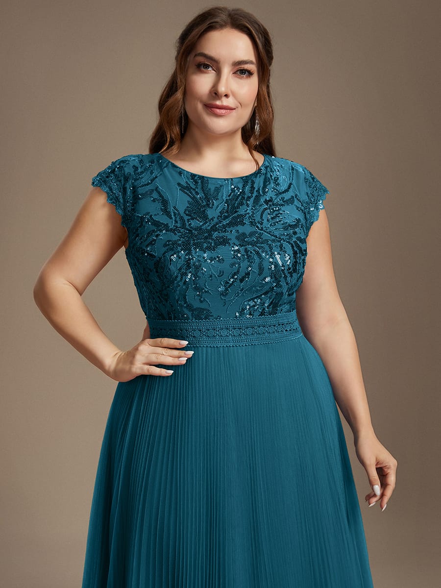 See-through Sequin Cap Sleeve Dress #color_Teal Blue