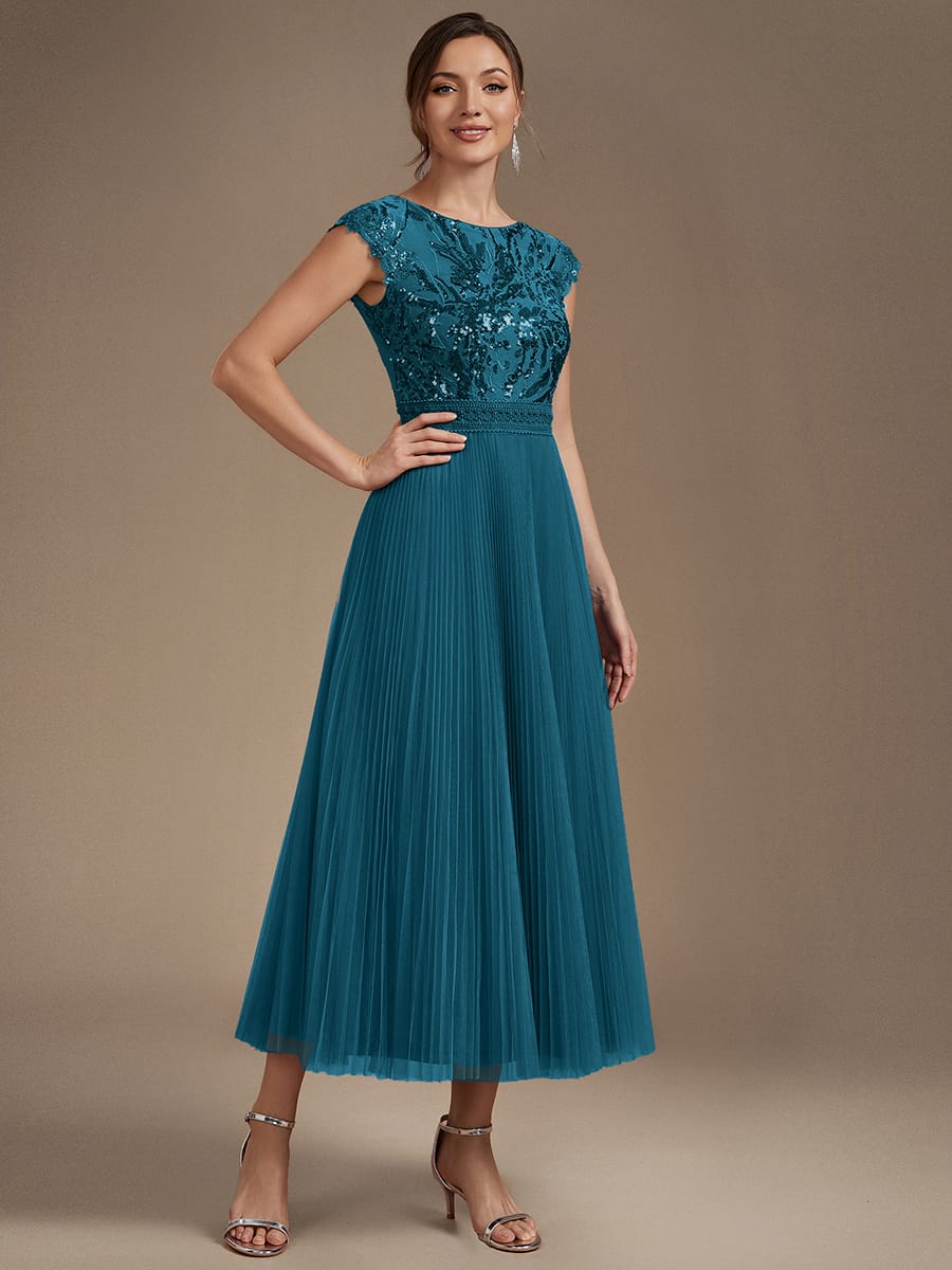 See-through Sequin Cap Sleeve Dress #color_Teal Blue
