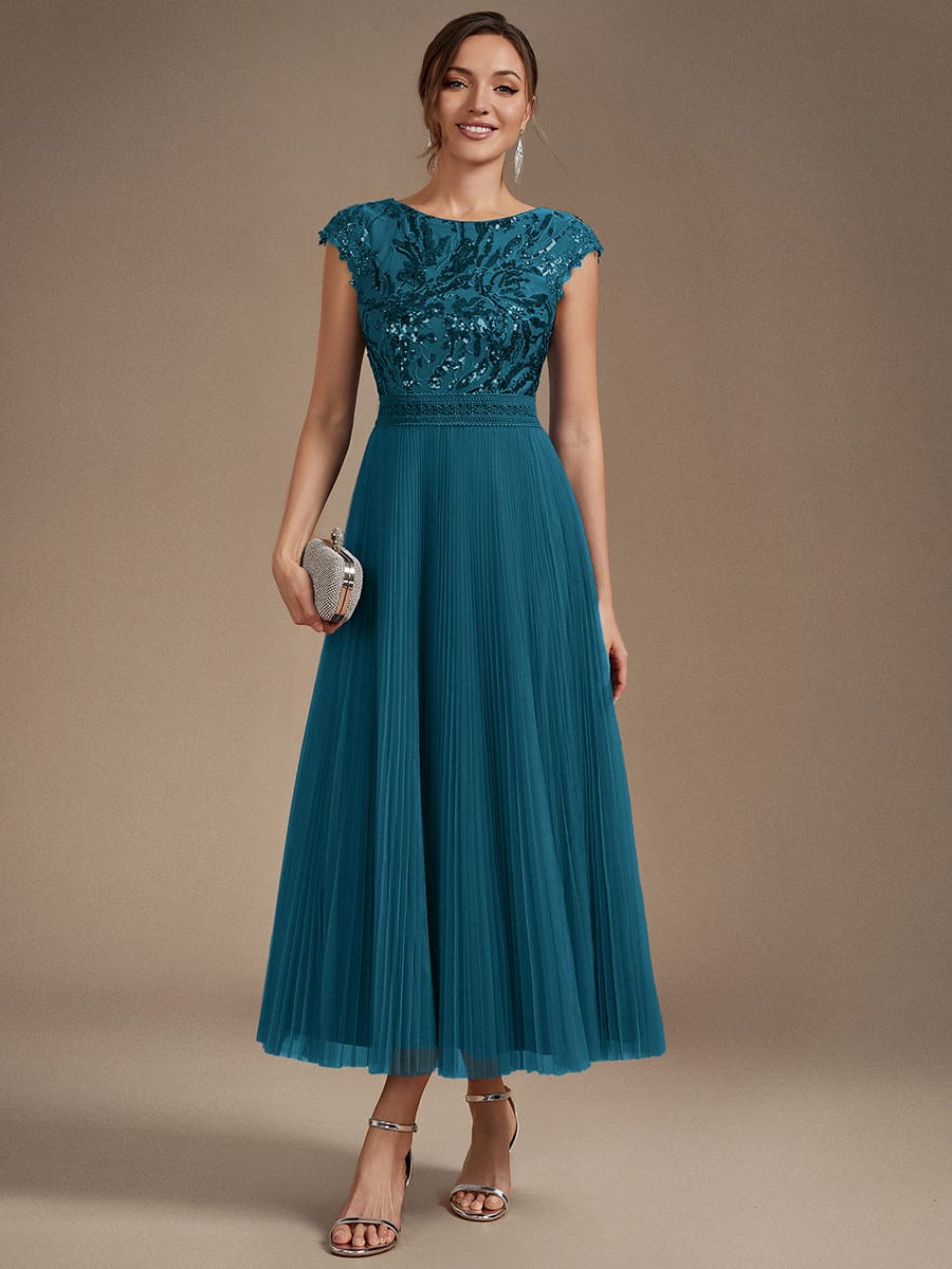 See-through Sequin Cap Sleeve Dress #color_Teal Blue