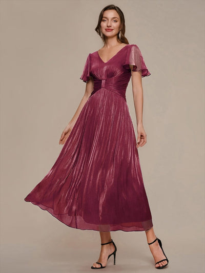 Gathered Sea-island Filament Fabircs Ruffle Sleeve Dress