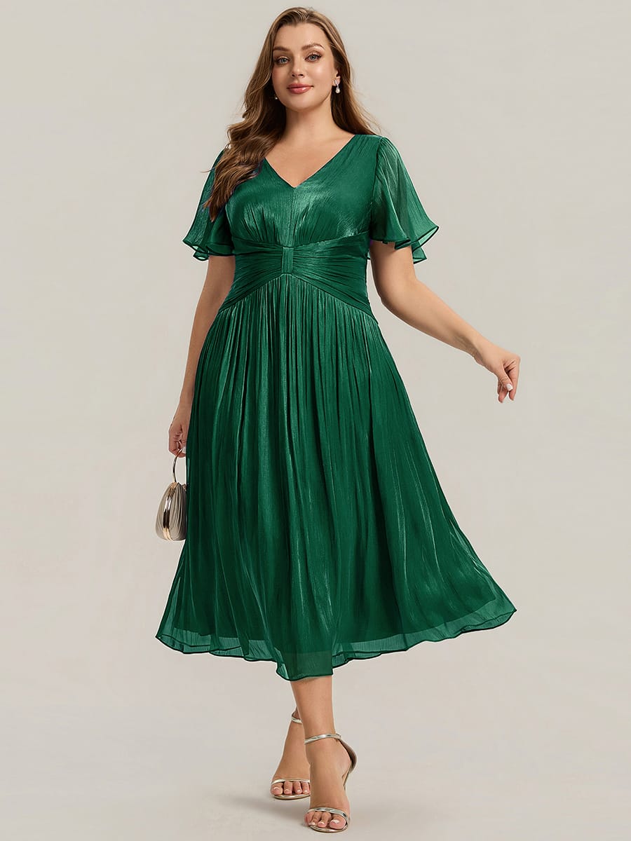 Gathered Sea-island filament fabircs Ruffle Sleeve Dress #color_Dark Green