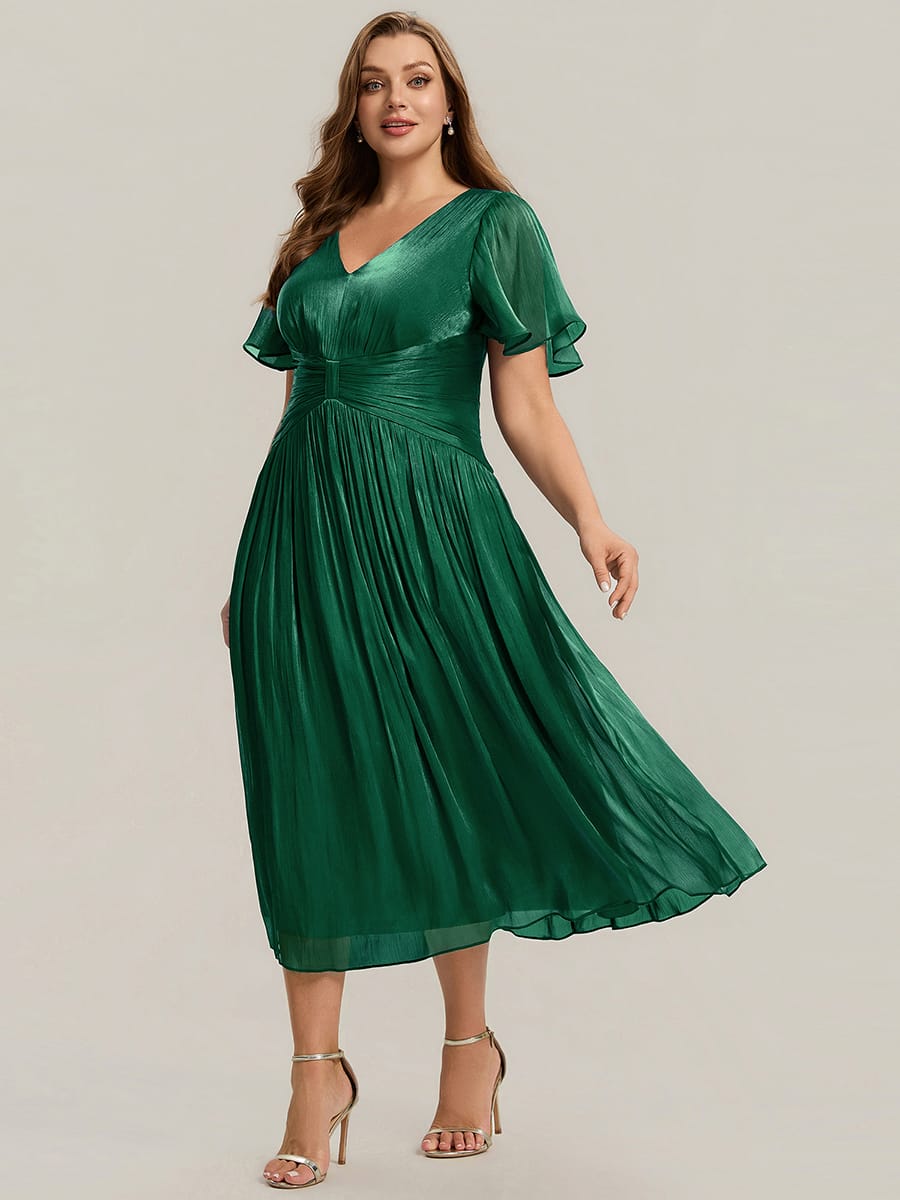 Gathered Sea-island filament fabircs Ruffle Sleeve Dress #color_Dark Green