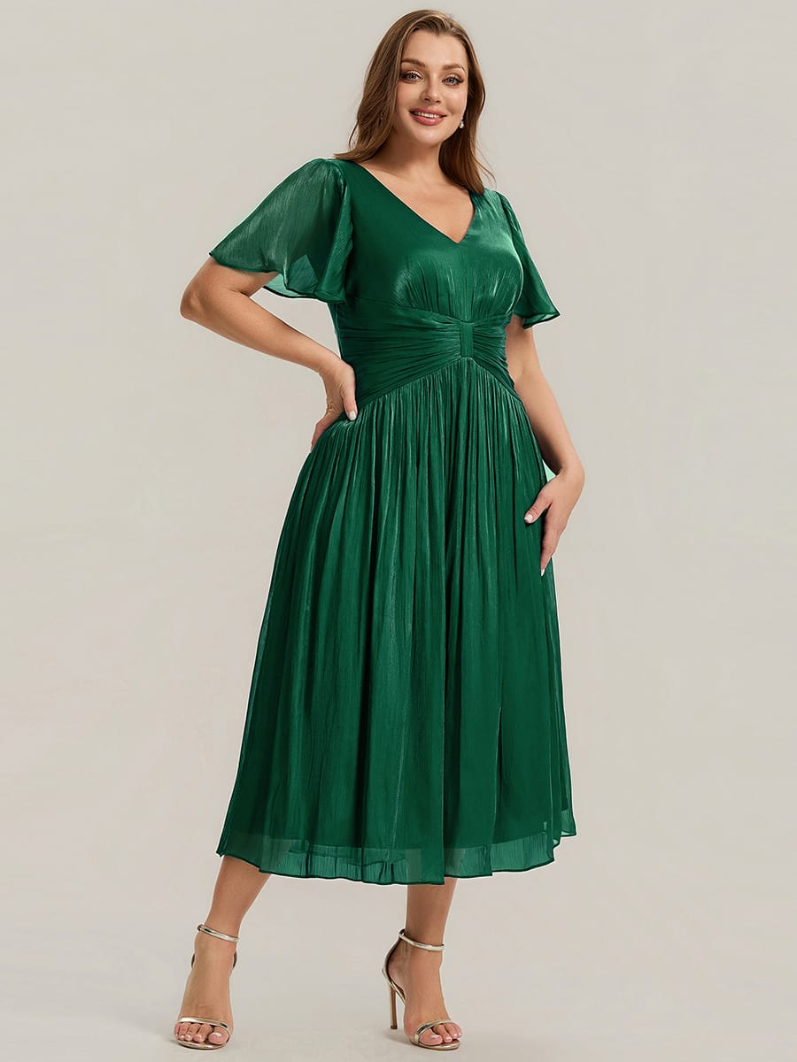 Gathered Sea-island filament fabircs Ruffle Sleeve Dress #color_Dark Green