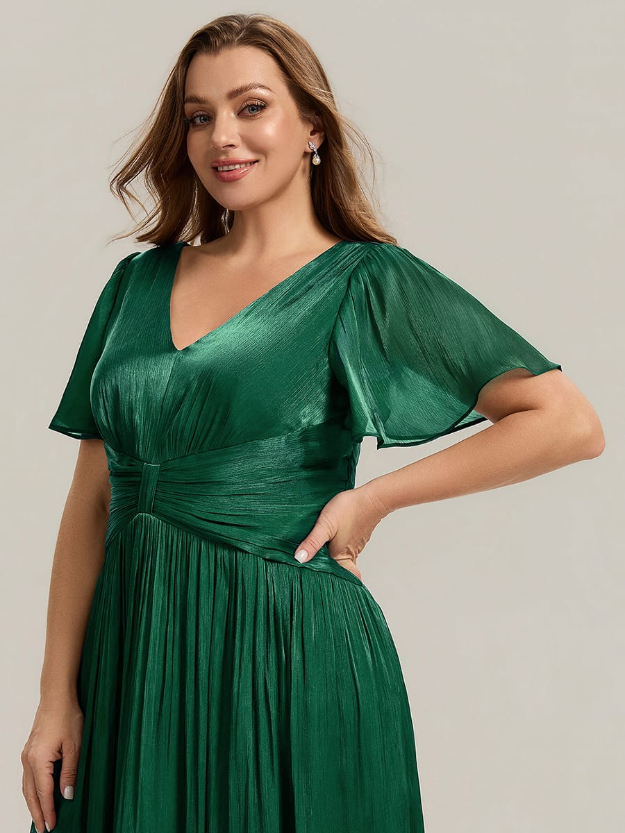 Gathered Sea-island filament fabircs Ruffle Sleeve Dress #color_Dark Green