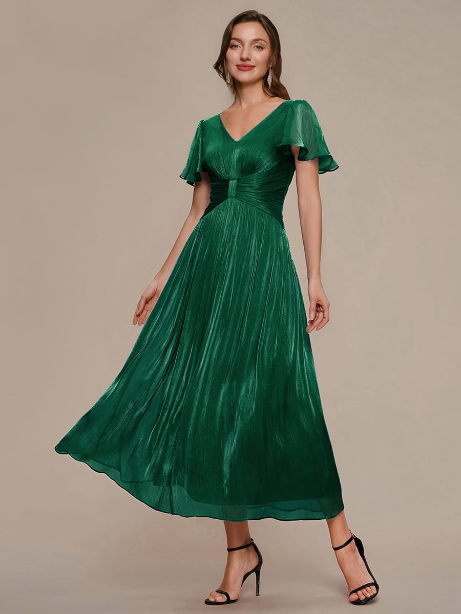 Gathered Sea-island filament fabircs Ruffle Sleeve Dress #color_Dark Green