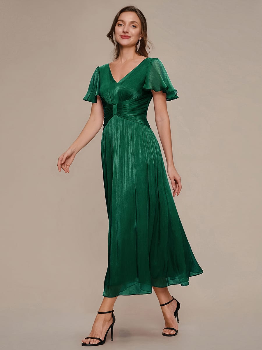 Gathered Sea-island filament fabircs Ruffle Sleeve Dress #color_Dark Green