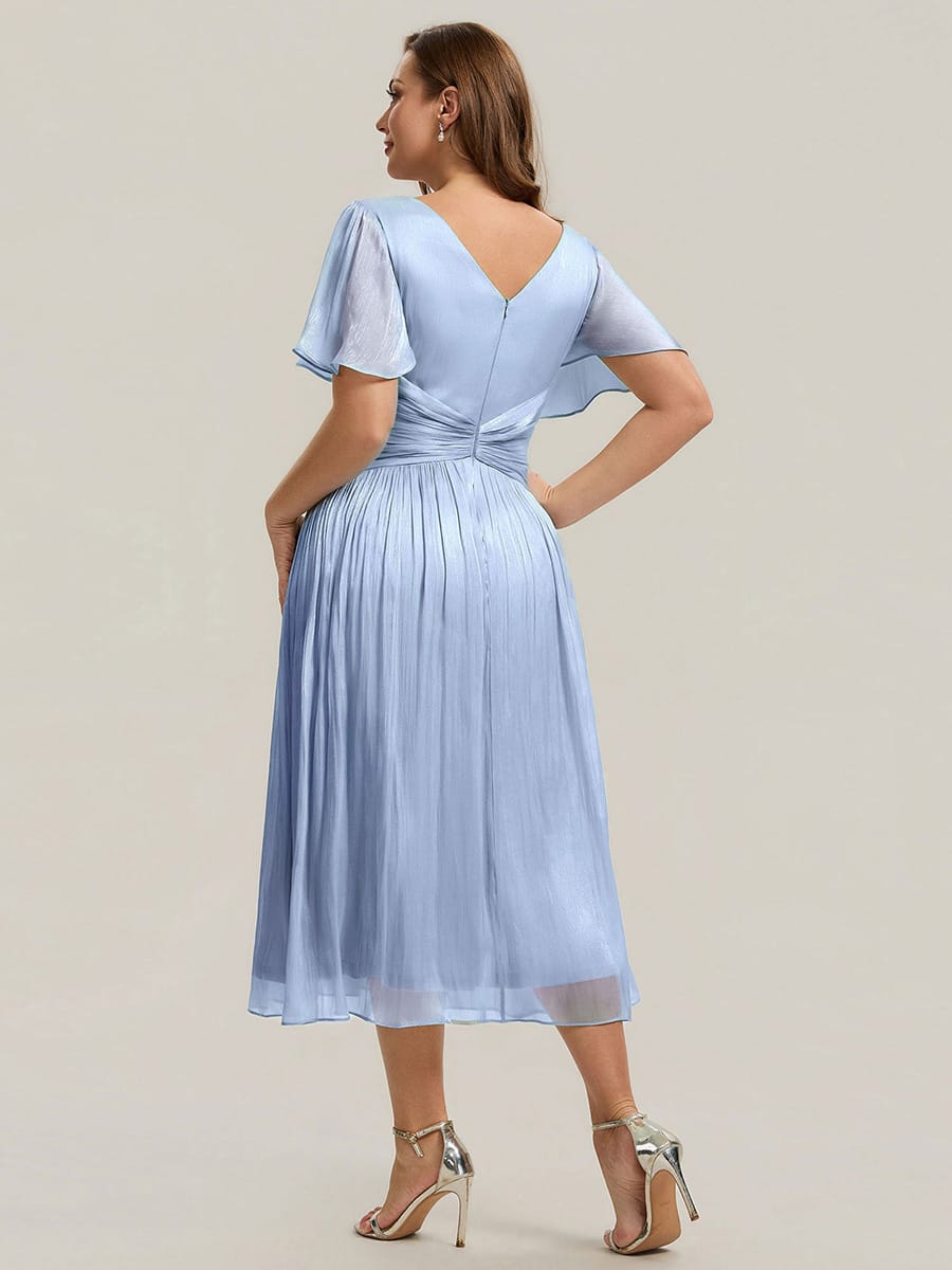 Gathered Sea-island filament fabircs Ruffle Sleeve Dress #color_Dusty Blue