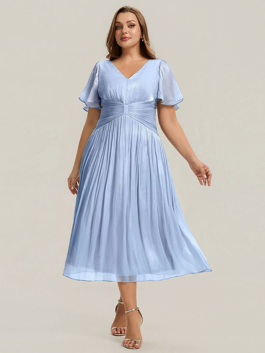 Gathered Sea-island filament fabircs Ruffle Sleeve Dress #color_Dusty Blue