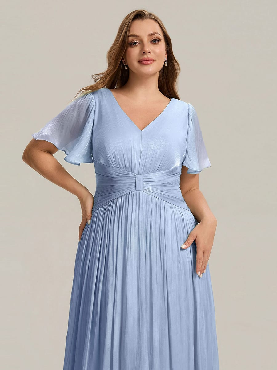 Gathered Sea-island filament fabircs Ruffle Sleeve Dress #color_Dusty Blue
