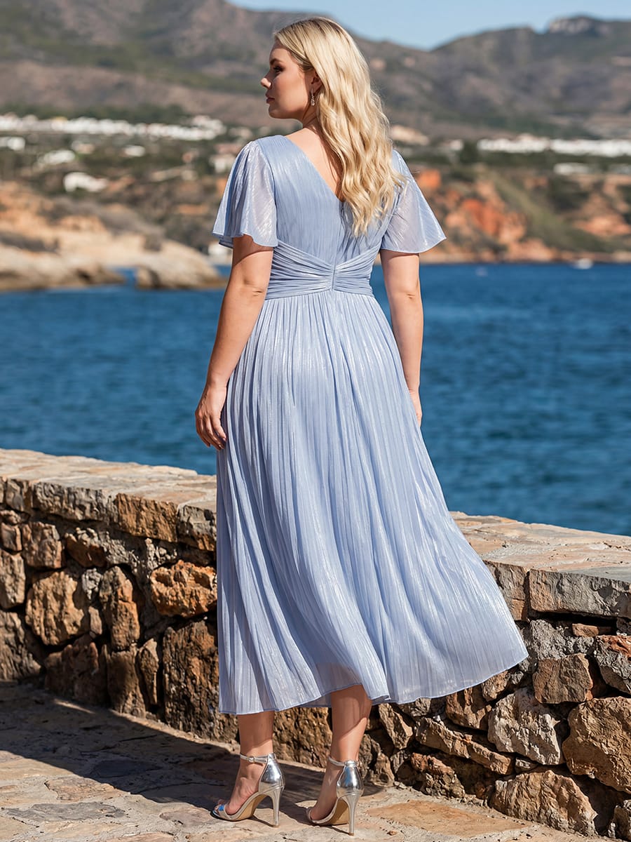 Gathered Sea-island filament fabircs Ruffle Sleeve Dress #color_Light Dusty Blue