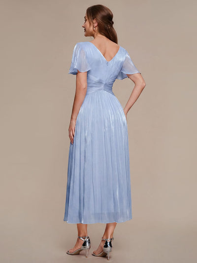 Gathered Sea-island filament fabircs Ruffle Sleeve Dress #color_Dusty Blue