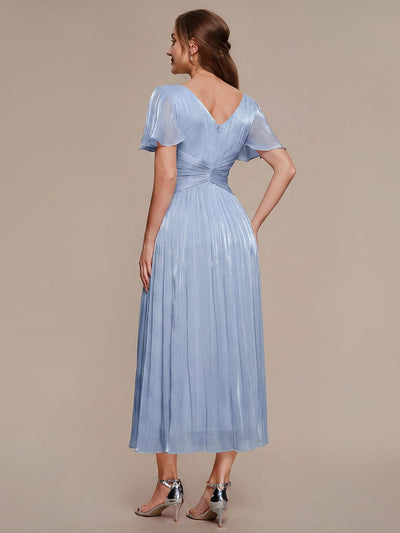 Gathered Sea-island filament fabircs Ruffle Sleeve Dress #color_Dusty Blue
