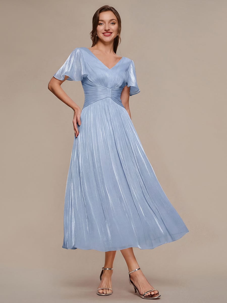 Ruffle Sleeve Wedding Guest Dress in Gathered Sea-Island Fabric