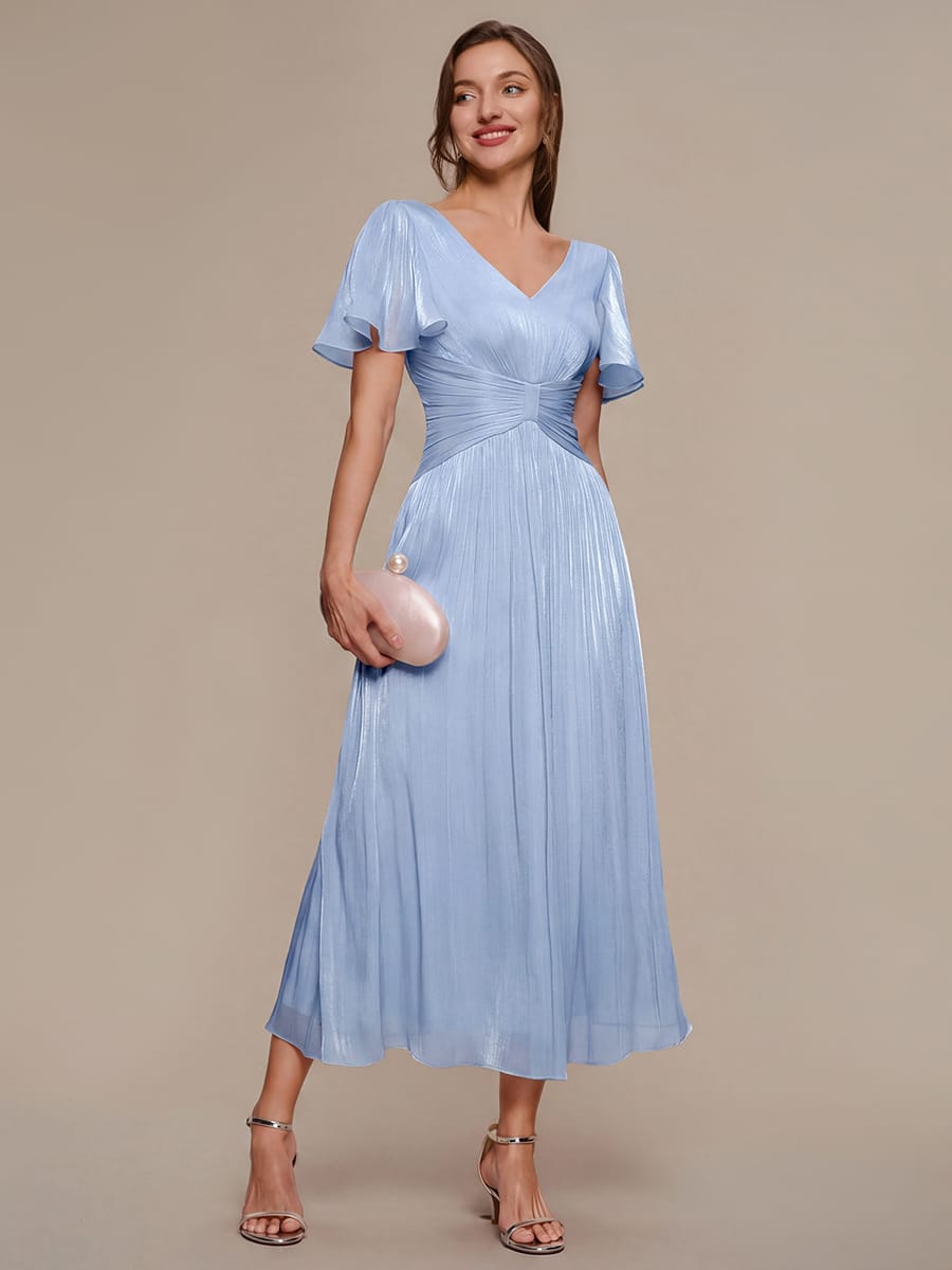 Gathered Sea-island filament fabircs Ruffle Sleeve Dress #color_Dusty Blue
