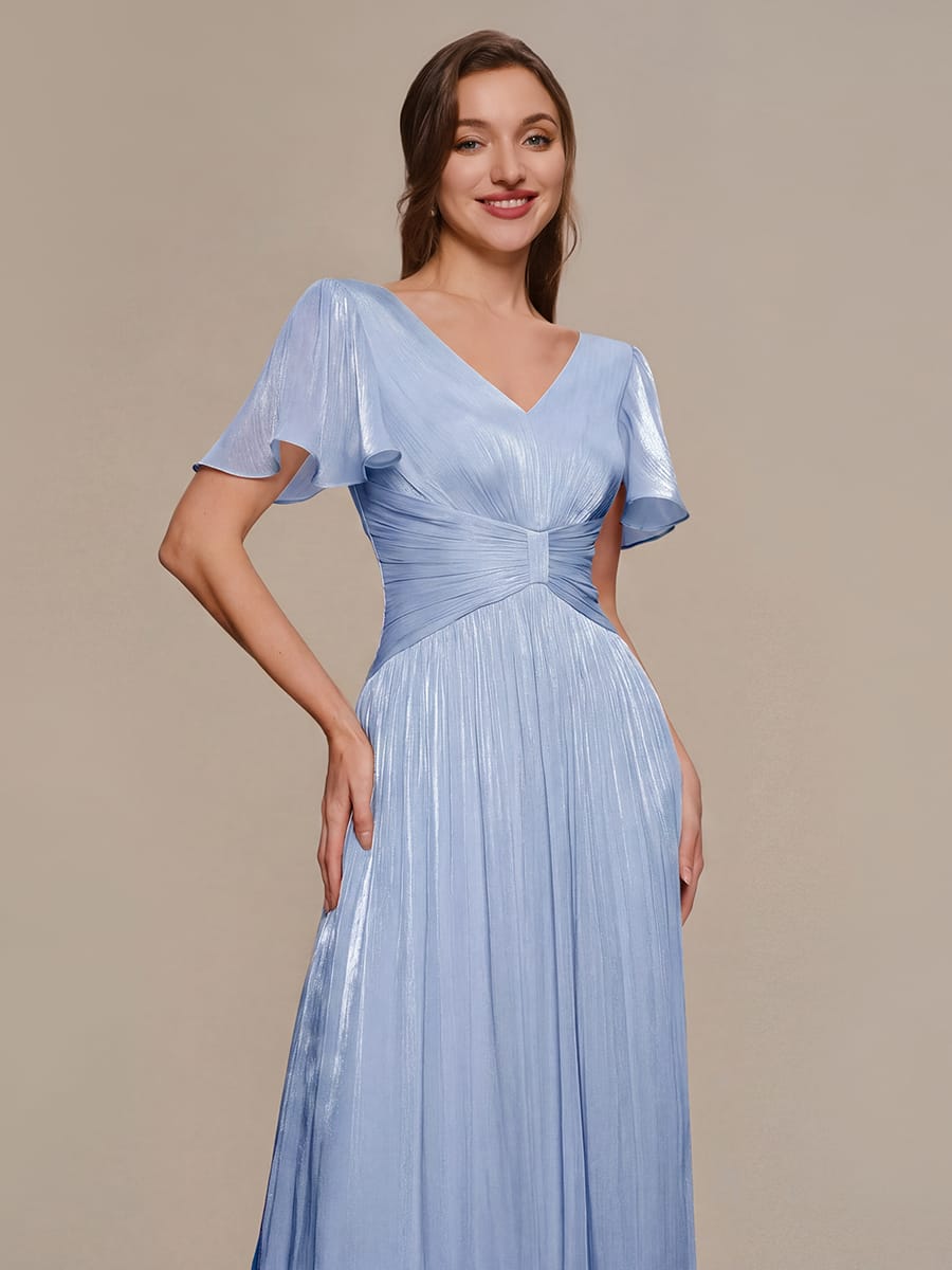 Gathered Sea-island filament fabircs Ruffle Sleeve Dress #color_Dusty Blue