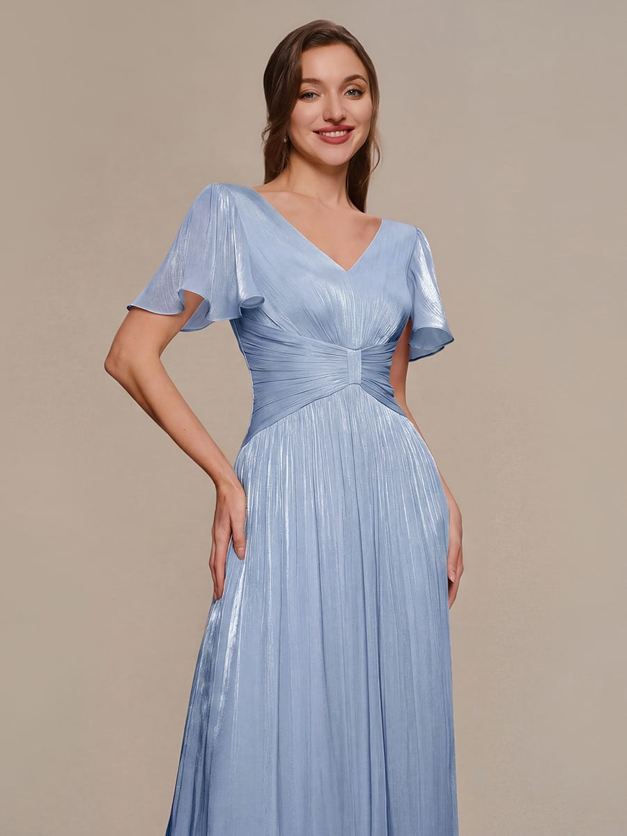 Gathered Sea-island filament fabircs Ruffle Sleeve Dress #color_Light Dusty Blue