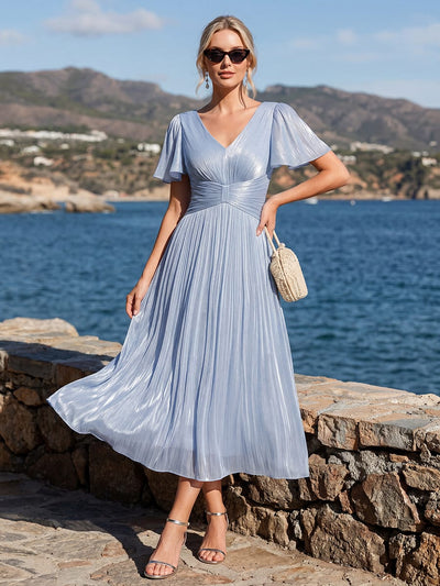 Gathered Sea-island Filament Fabircs Ruffle Sleeve Dress