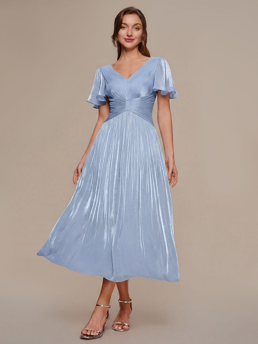 Gathered Sea-island filament fabircs Ruffle Sleeve Dress #color_Light Dusty Blue