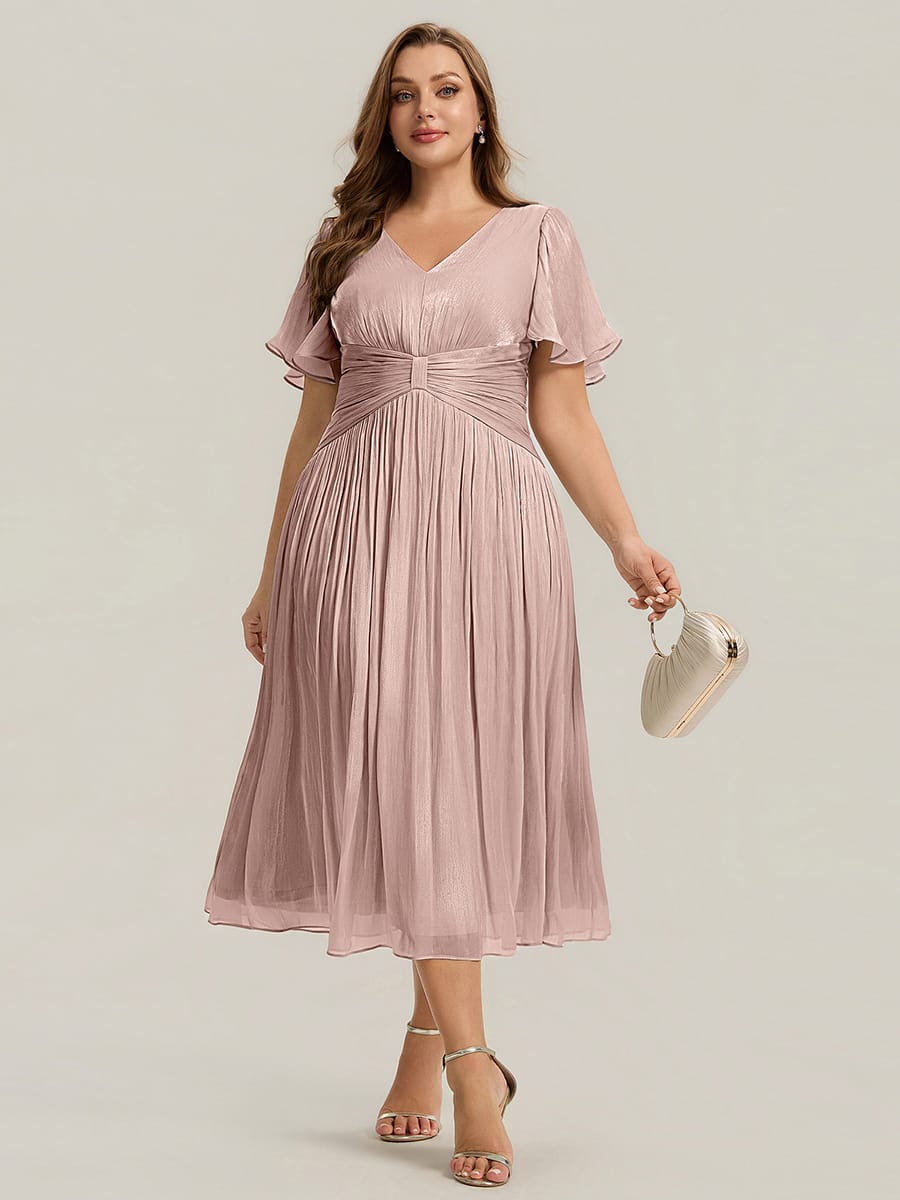 Gathered Sea-island filament fabircs Ruffle Sleeve Dress #color_Dusty Rose