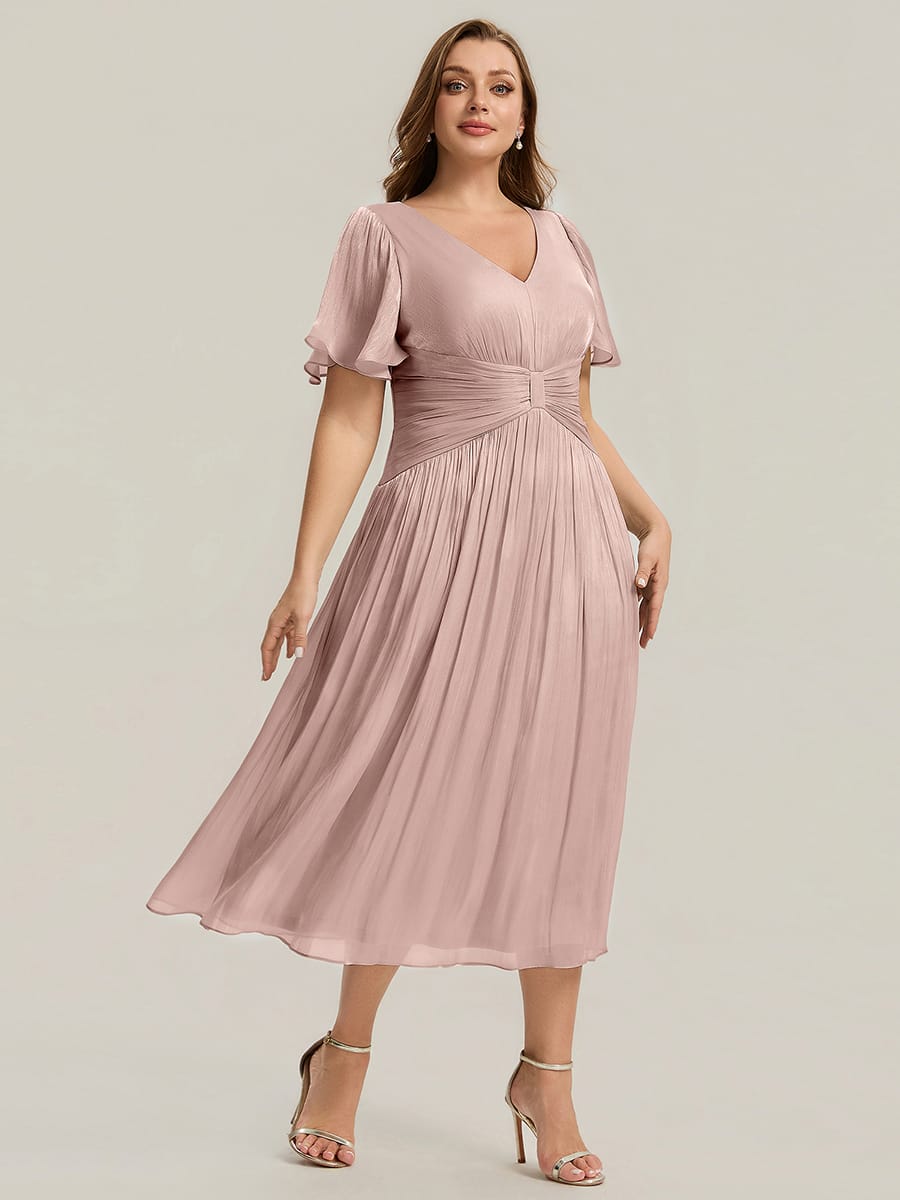 Gathered Sea-island filament fabircs Ruffle Sleeve Dress #color_Dusty Rose