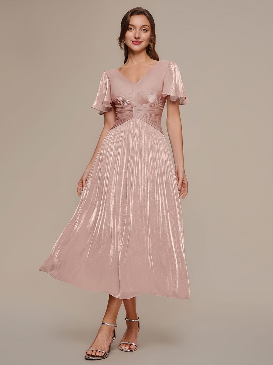 Gathered Sea-island filament fabircs Ruffle Sleeve Dress #color_Dusty Rose