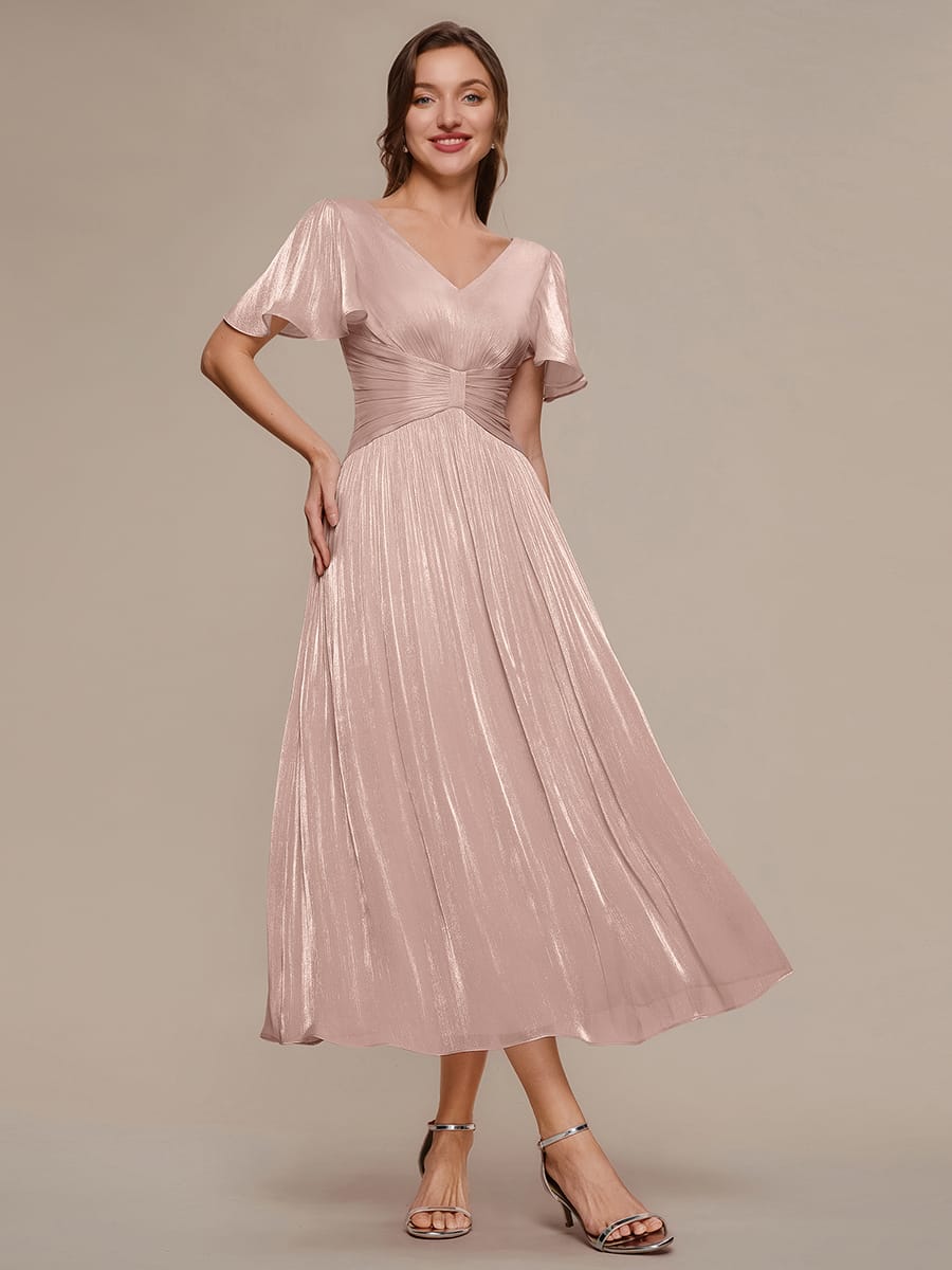 Gathered Sea-island filament fabircs Ruffle Sleeve Dress #color_Dusty Rose
