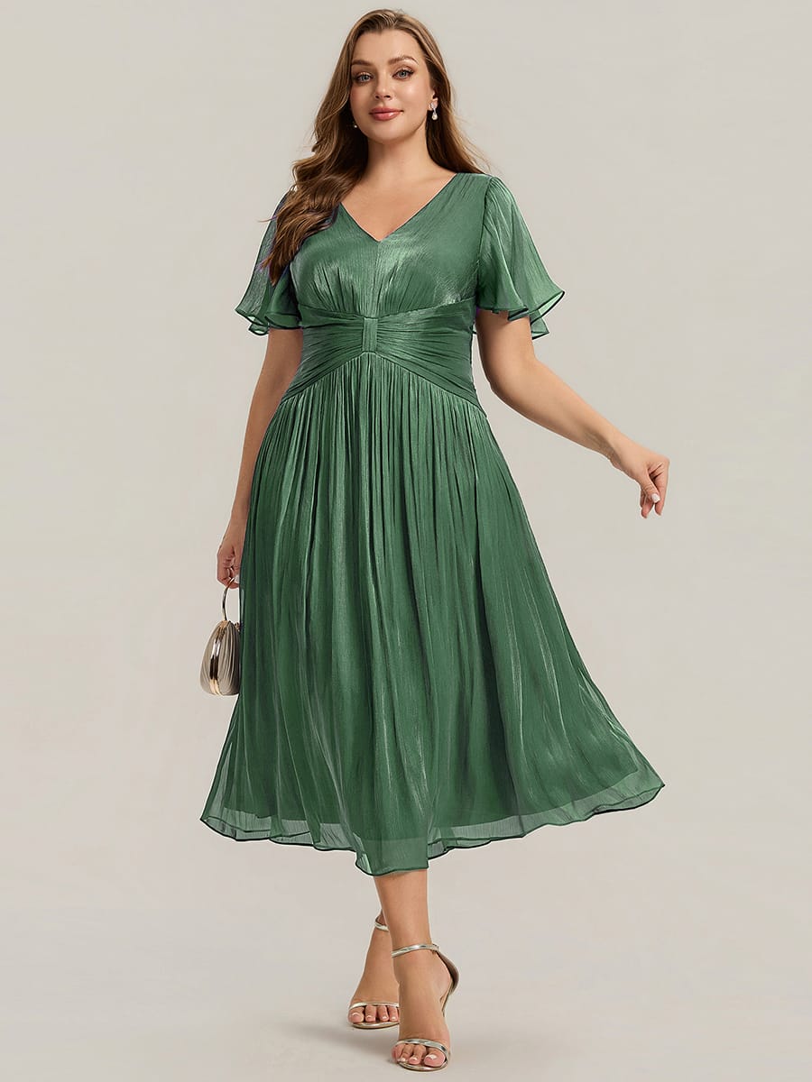 Gathered Sea-island filament fabircs Ruffle Sleeve Dress #color_Eucalyptus Green
