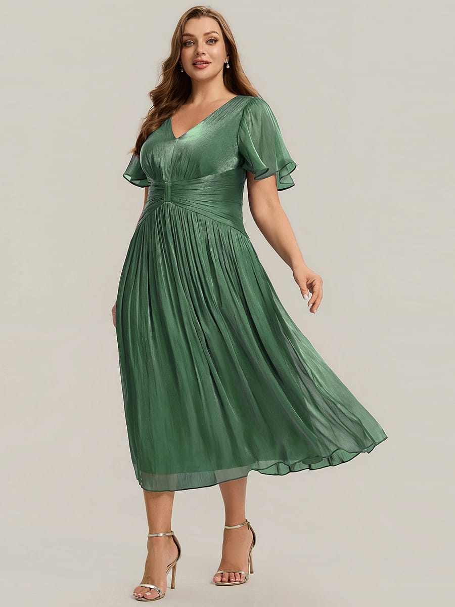 Gathered Sea-island filament fabircs Ruffle Sleeve Dress #color_Eucalyptus Green