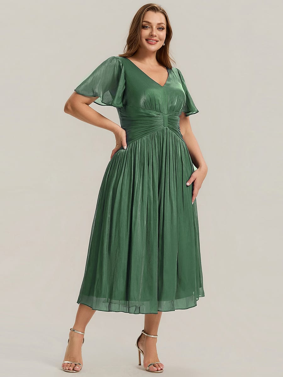 Gathered Sea-island filament fabircs Ruffle Sleeve Dress #color_Eucalyptus Green