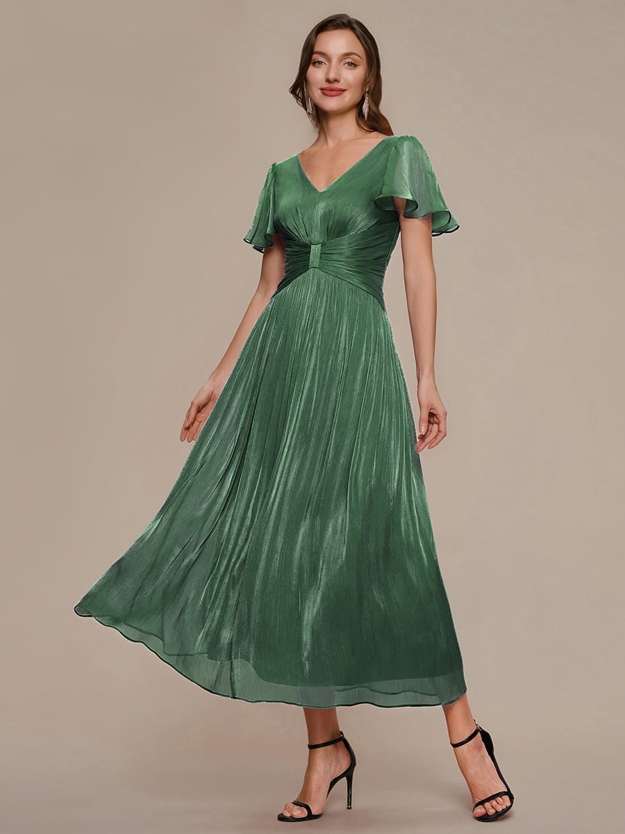 Gathered Sea-island filament fabircs Ruffle Sleeve Dress #color_Eucalyptus Green