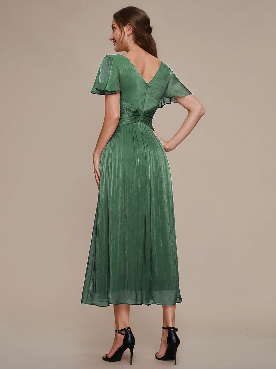 Gathered Sea-island filament fabircs Ruffle Sleeve Dress #color_Eucalyptus Green