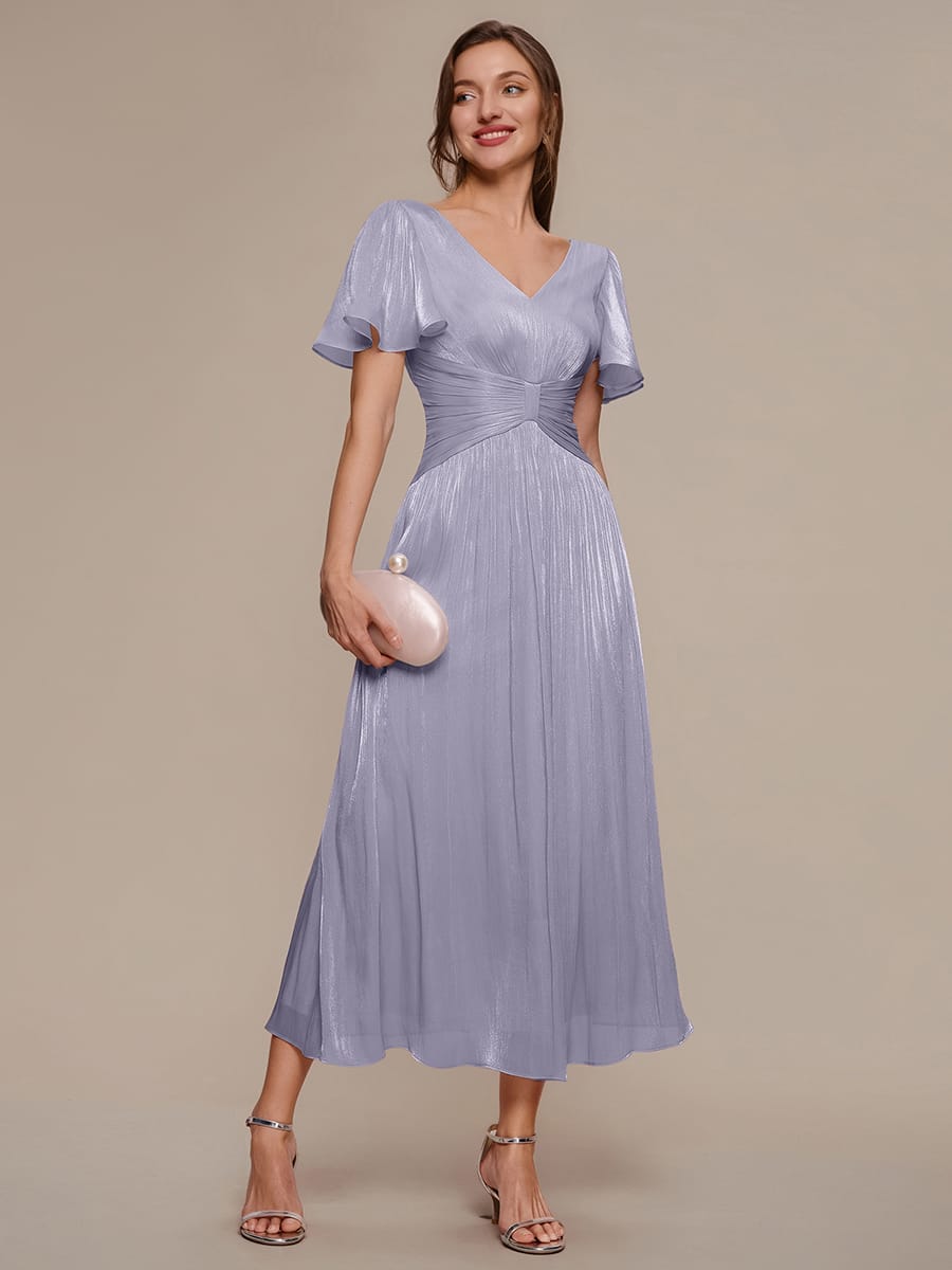 Gathered Sea-island filament fabircs Ruffle Sleeve Dress #color_Frosted Lilac