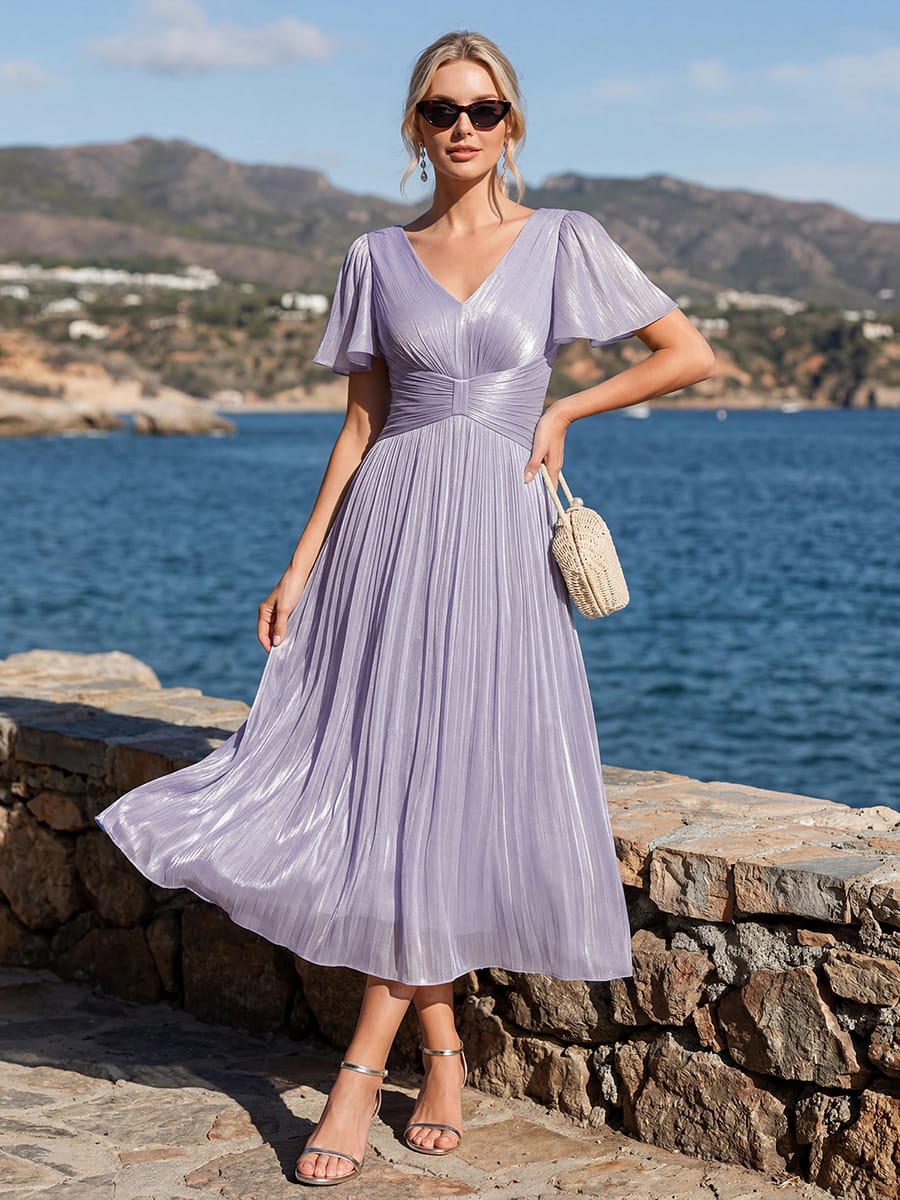 Gathered Sea-island filament fabircs Ruffle Sleeve Dress #color_Frosted Lilac