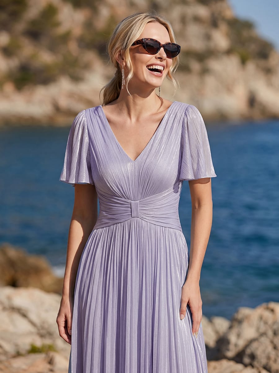 Gathered Sea-island filament fabircs Ruffle Sleeve Dress #color_Frosted Lilac