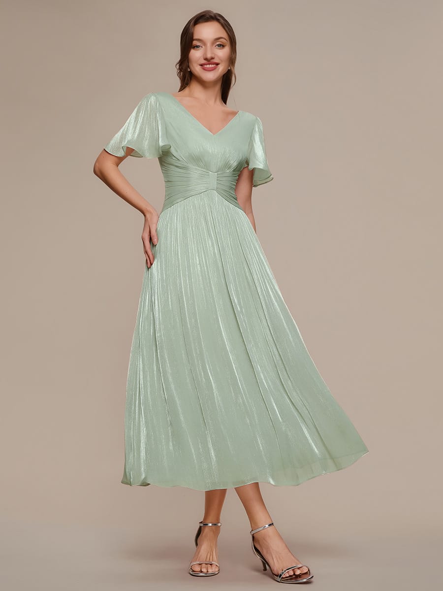 Gathered Sea-island filament fabircs Ruffle Sleeve Dress #color_Mint Green